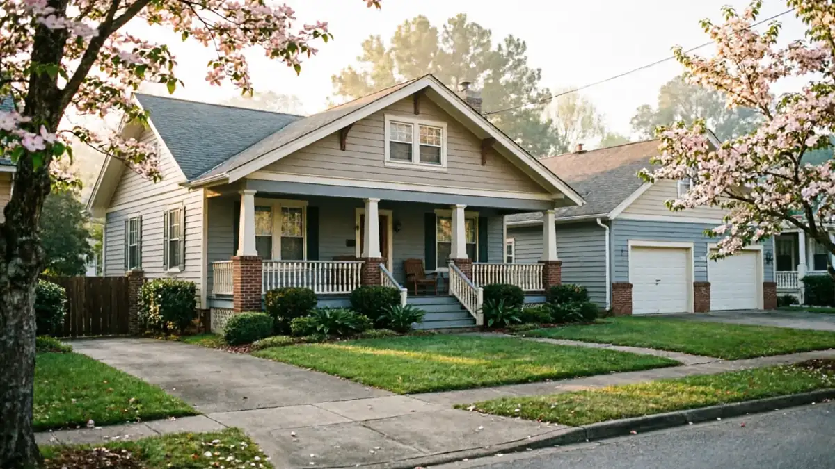 A house with a porch and a two-car garage is visible from the street.