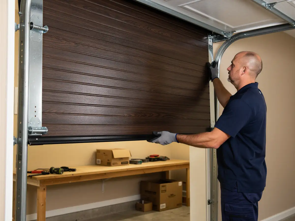 A technician in a blue shirt and gloves installs a brown garage door.