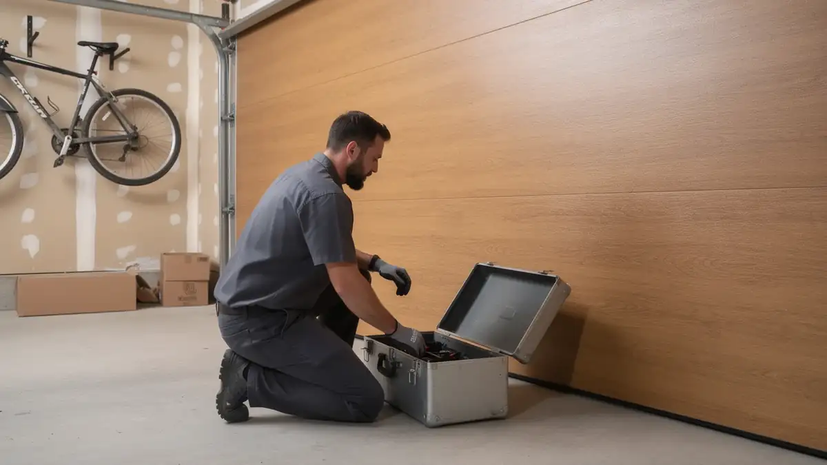 A technician kneels, reaching into an open toolbox in front of a wood-look garage door.